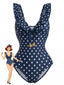 Costumi Intero Blu Scuro Anni '50 a Pois con Volant Scollo a V