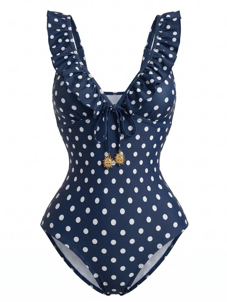 Costume da Bagno Intero Blu Scuro a Pois con Volant Scollo a V Anni '50 3