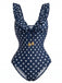 Costume da Bagno Intero Blu Scuro a Pois con Volant Scollo a V Anni '50 3