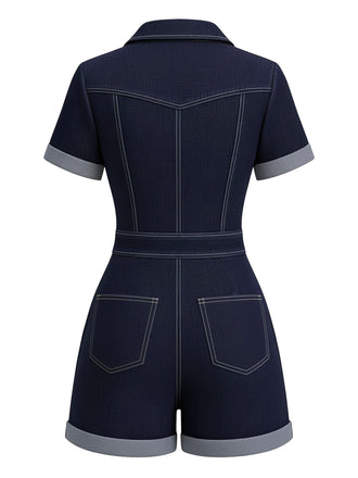 Navy blue romper with gray trim on a white background