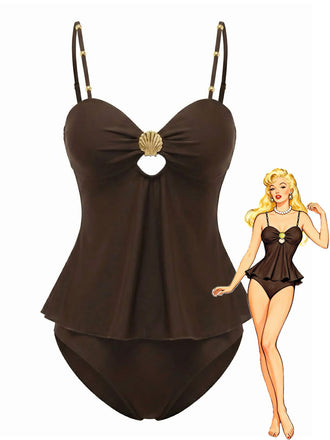 2 Pezzi Dark Brown Tinta Unita Shell Tankini Set Anni '50