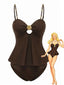 2PCS Set Tankini Marrone Scuro Anni '50 Tinta Unita a Conchiglia