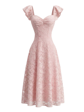 [Pre-Vendita] Abito a Collo Cuore in Pizzo Jacquard con Maniche a Volant Rosa Anni '50 2