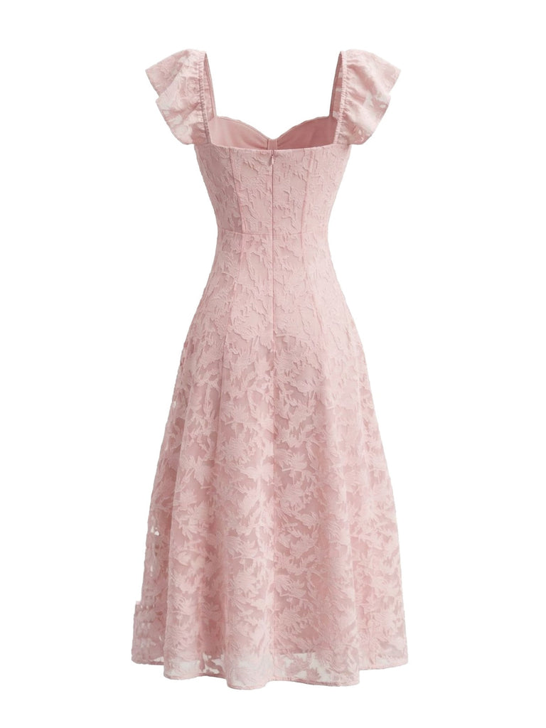 [Pre-Vendita] Abito a Collo Cuore in Pizzo Jacquard con Maniche a Volant Rosa Anni '50 3