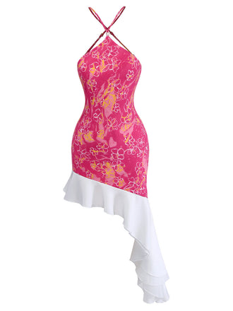 [Pre-Vendita] Abito Rosa e Bianco Y2K Halter Schiena Scoperta con Volant Asimmetrico 2