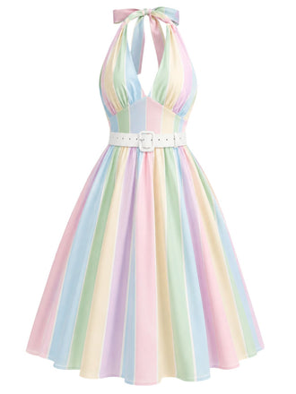 [Prevendita] Abito arcobaleno anni '50 a righe con scollo all'americana e cintura