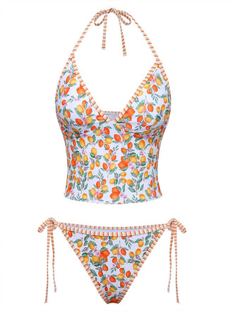 Set Tankini Arancione Anni '50 con Limoni e scollo all'americana