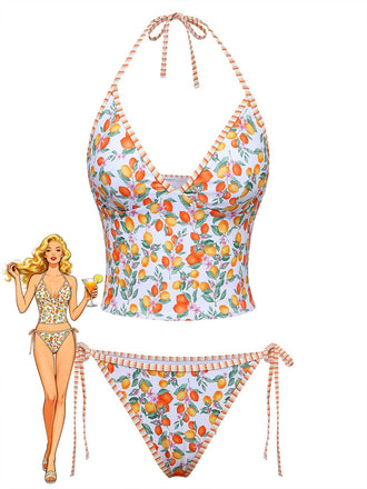 Set Tankini Arancione Anni '50 con Limoni e scollo all'americana