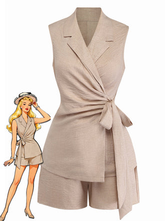 Gilet-e-Pantaloncini-Beige-Anni '60-Tinta-Unita