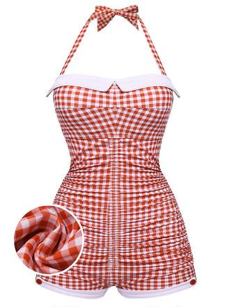 Gingham 1950s Halter Bowknot One-piece Swimsuit, classic vintage style summer beach collection - Image 1