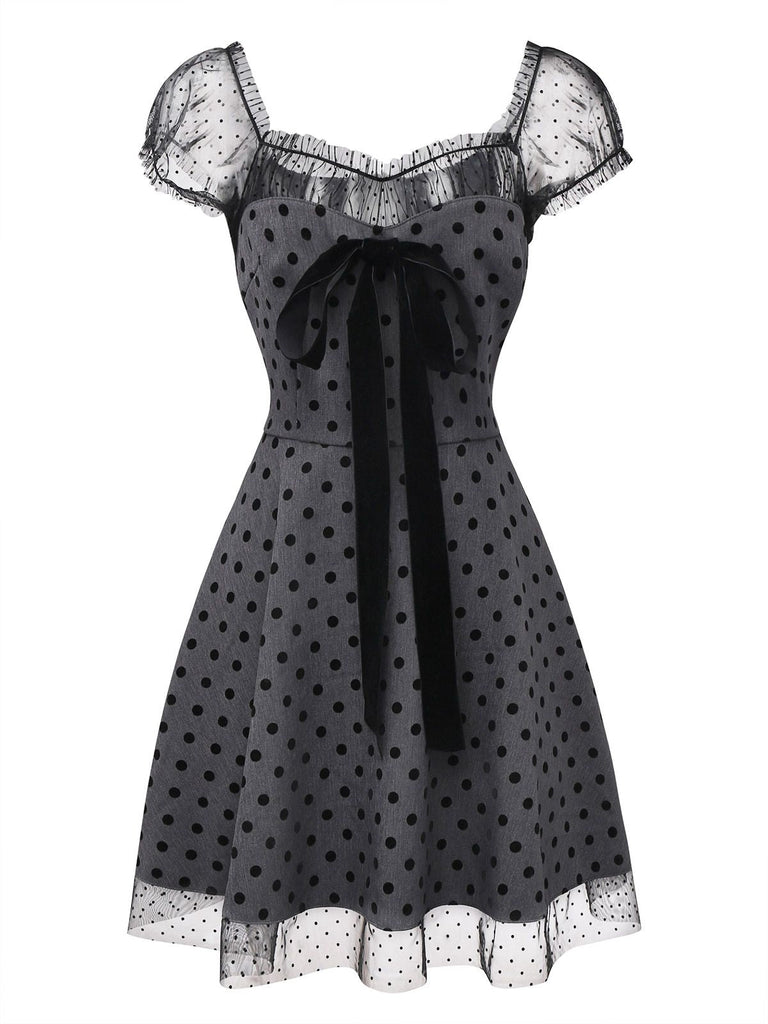 Gray 1960s Bowknot Mesh Patchwork Polka Dot Dress - vintage dress, retro fashion