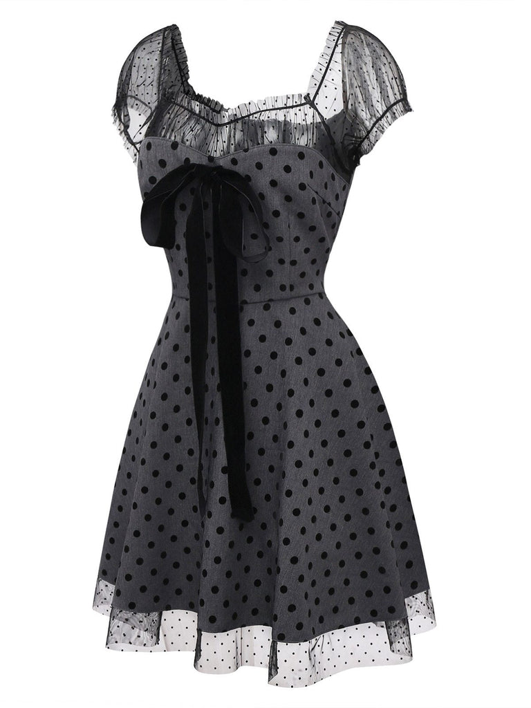 Gray 1960s Bowknot Mesh Patchwork Polka Dot Dress - vintage dress, retro fashion