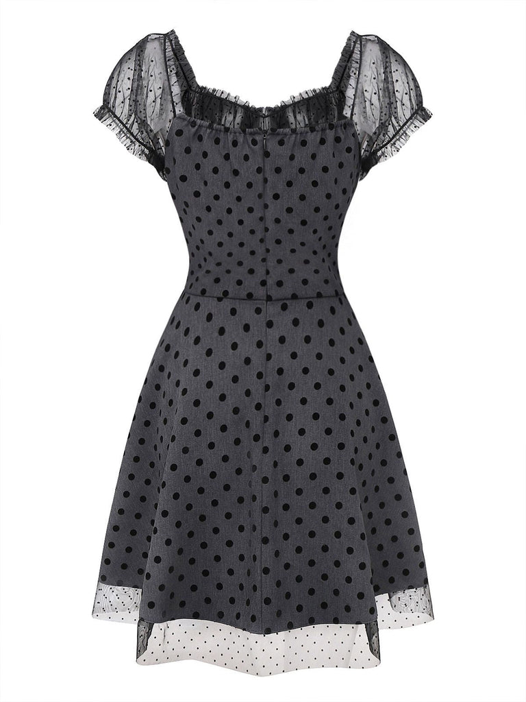 Gray 1960s Bowknot Mesh Patchwork Polka Dot Dress - vintage dress, retro fashion