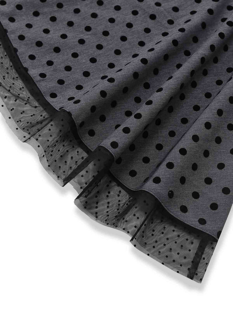 Gray 1960s Bowknot Mesh Patchwork Polka Dot Dress - vintage dress, retro fashion