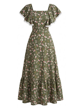 Green 1940s Floral Square Neck Swing Dress 3