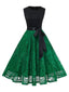Abito a Ruota Verde Anni '50 in Pizzo Color Block con Senza Maniche