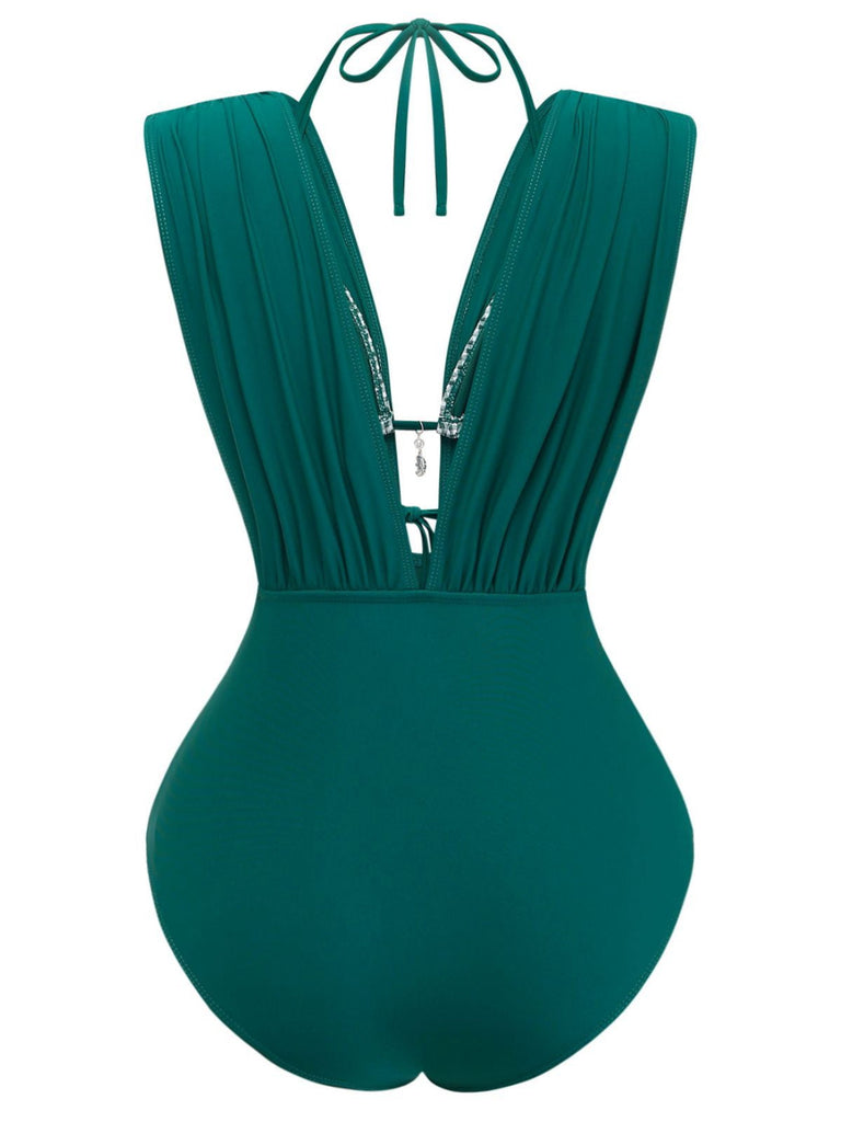 Green-1960s-plaid-halter-bikini-top-plunging-ruched-swimsuit-back-view