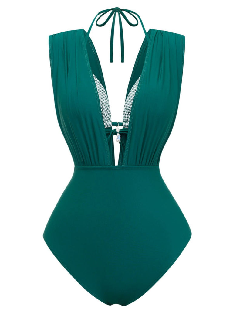 Retro plaid halter bikini and deep V ruched swimsuit combination featuring classic 1960s design perfect for summer poolside activities