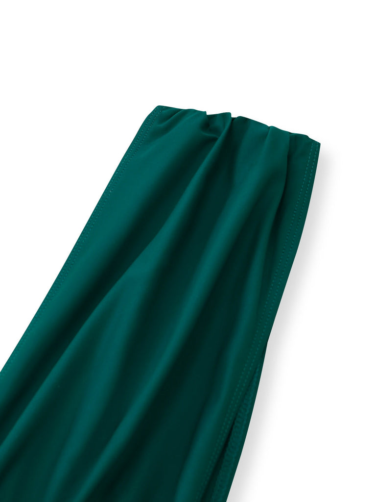 Green-1960s-plaid-halter-bikini-top-plunging-ruched-swimsuit-strap-closeup