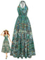 Abito Lungo Verde Anni '70 Boho con Paisley e Senza Schienale