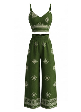 [Pre-Vendita] 2 Pezzi Top a Spalline Sottili Floreale con Pantalone Verde Anni '70 2