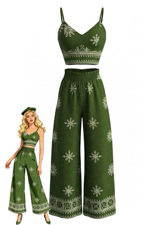 [Pre-Vendita] 2 Pezzi Top a Spalline Sottili Floreale con Pantalone Verde Anni '70