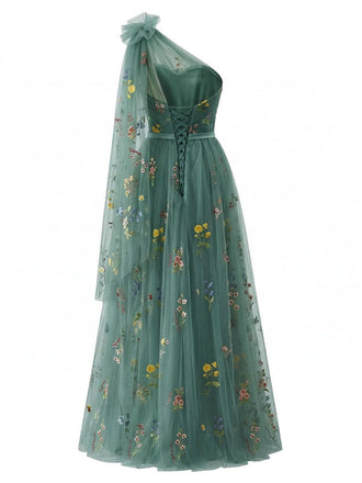 Green one-shoulder tulle maxi dress with floral embroidery for 1930s vintage formal occasions