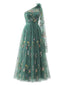Abito lunga verde anni '30 in tulle con ricami floreali monospalla