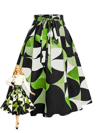 Green and black patterned skirt with a model wearing it on a white background