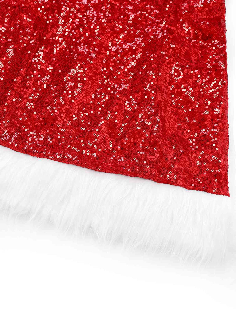 Abito paillettes natalizio con spalle scoperte in peluche rosso anni '70