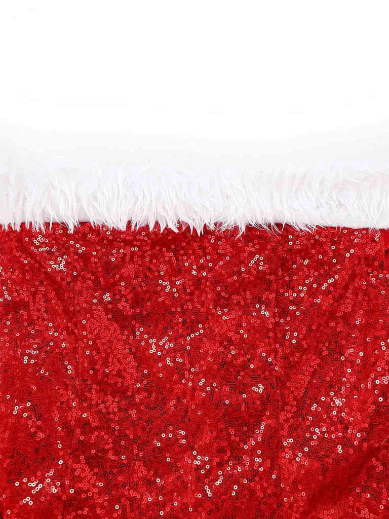 Abito paillettes natalizio con spalle scoperte in peluche rosso anni '70