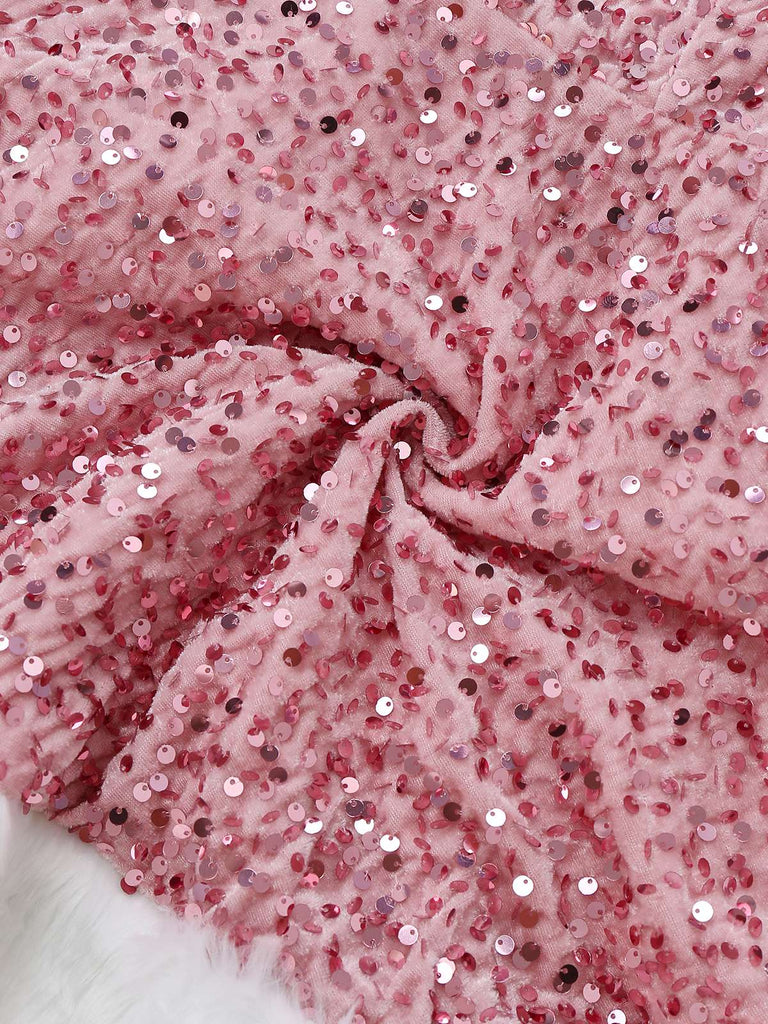 Abito senza spalline in pelliccia e paillettes natalizio rosa anni '60