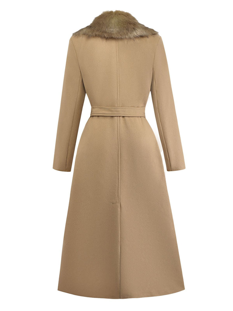 Cappotto con cintura e collo in pelliccia tinta unita cachi anni '20