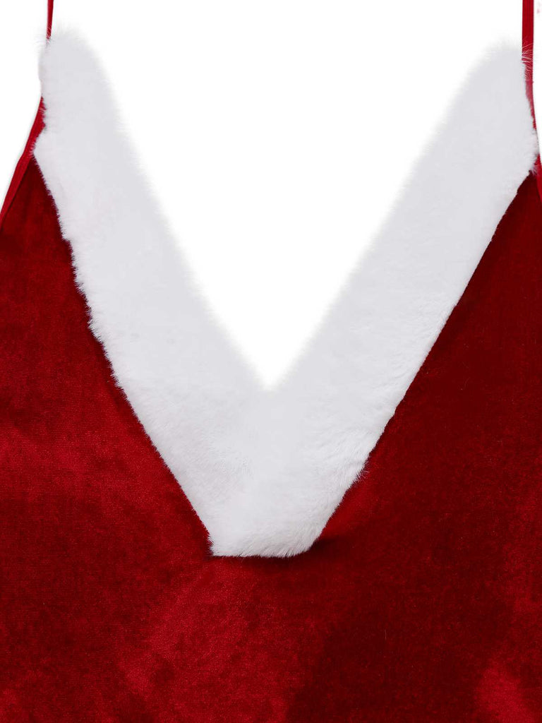 Body natalizio in peluche con scollo a V profondo e cappello anni '70