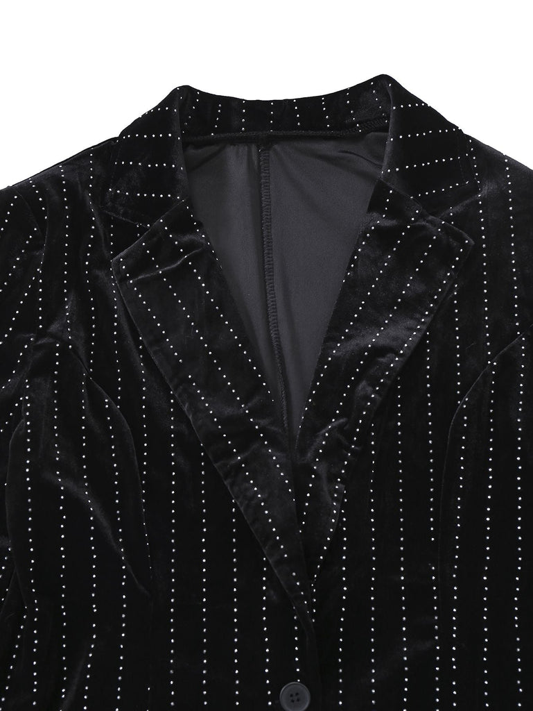 2PCS Completo blazer e pantaloni in velluto con paillettes nero anni '60