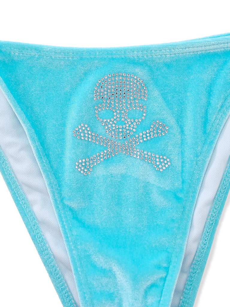 Bikini con teschio e strass in velluto blu anni '80