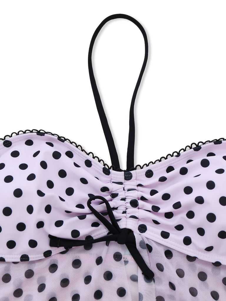Set tankini a pois con fiocco e scollo all'americana rosa anni '50