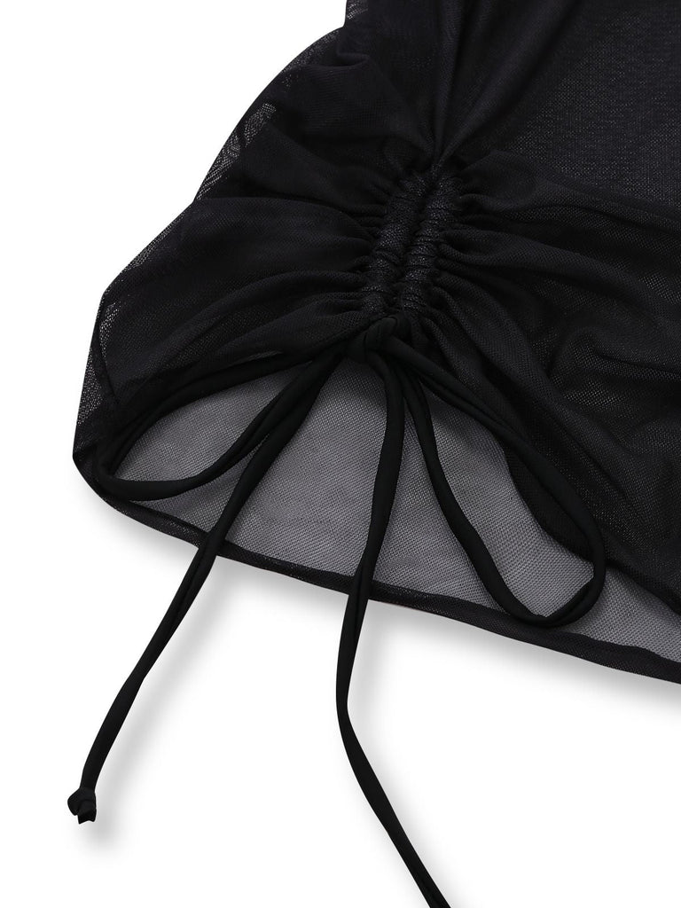 3PCS Nero Bikini con Stampa Vacanze Rete e Copricostume