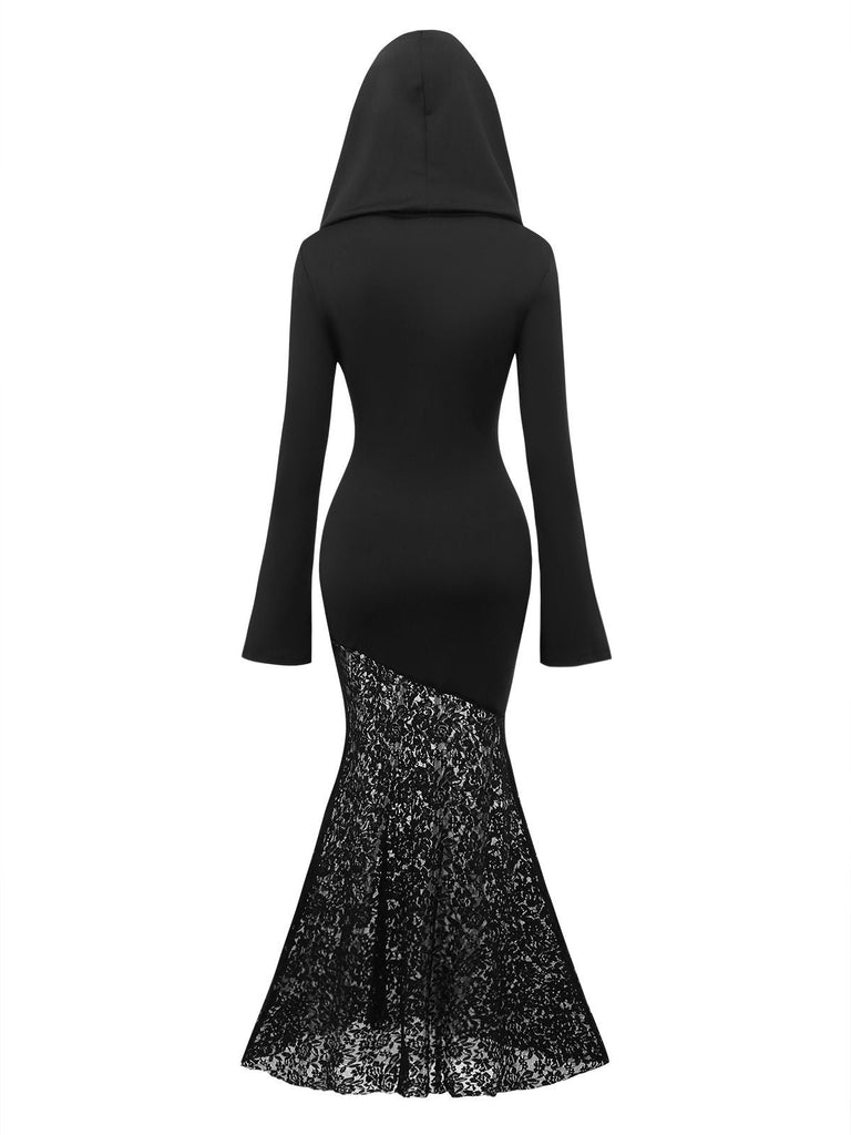 Abito da sirena gotico con cappuccio in pizzo nero anni '70
