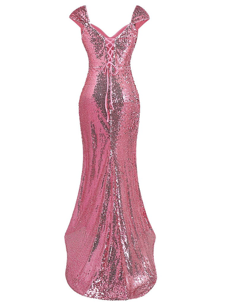 Abito lungo con spacco alto in paillettes rosa anni '20