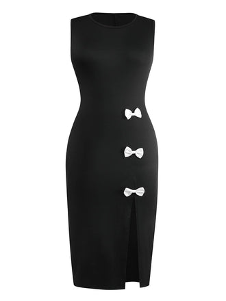 Abito lungo con fiocco laterale e spacco senza maniche nero anni '50