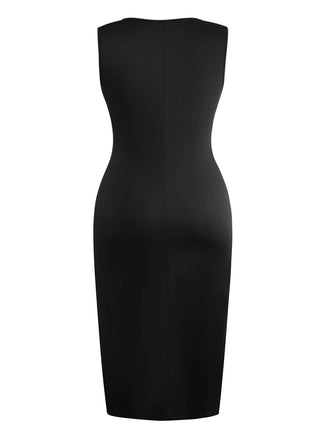 Abito lungo con fiocco laterale e spacco senza maniche nero anni '50