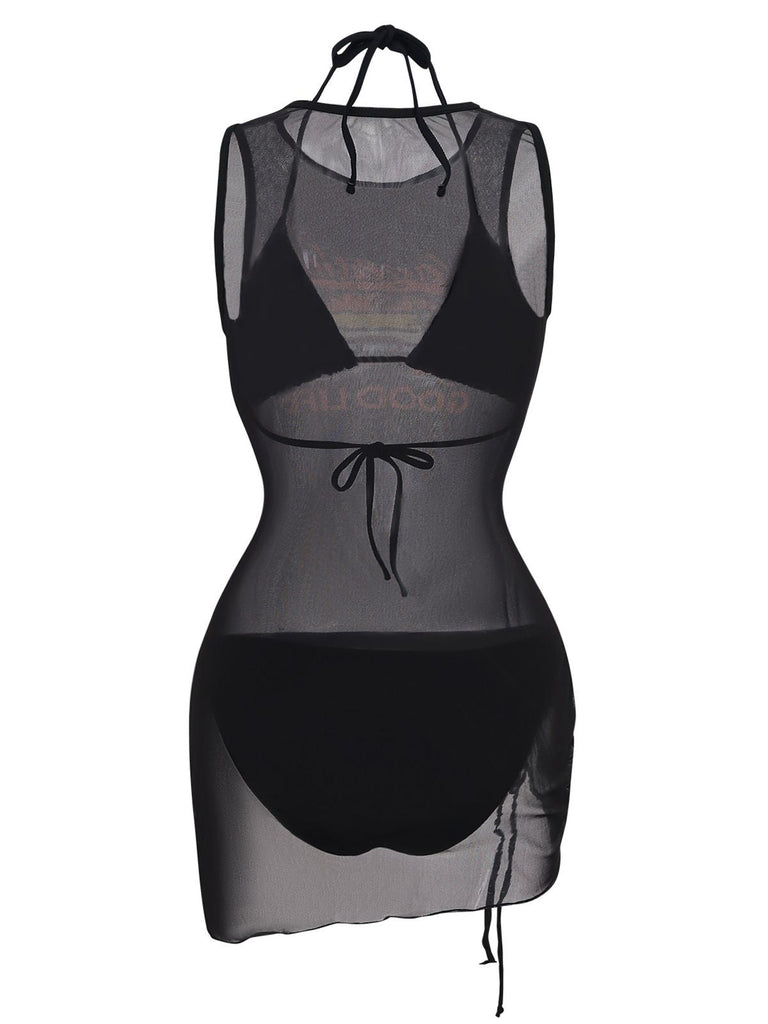 3PCS Nero Bikini con Stampa Vacanze Rete e Copricostume