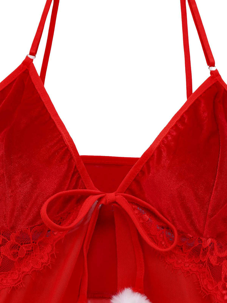 Completo intimo babydoll con pon pon rosso anni '70