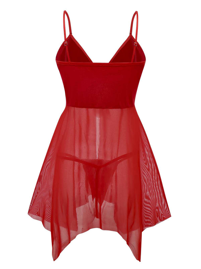 Completo intimo babydoll con pon pon rosso anni '70