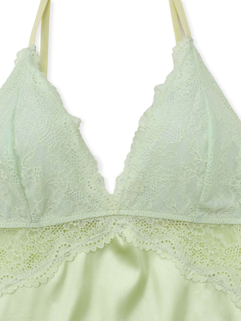 Camicia da notte in pizzo e raso con scollo a V verde anni '60