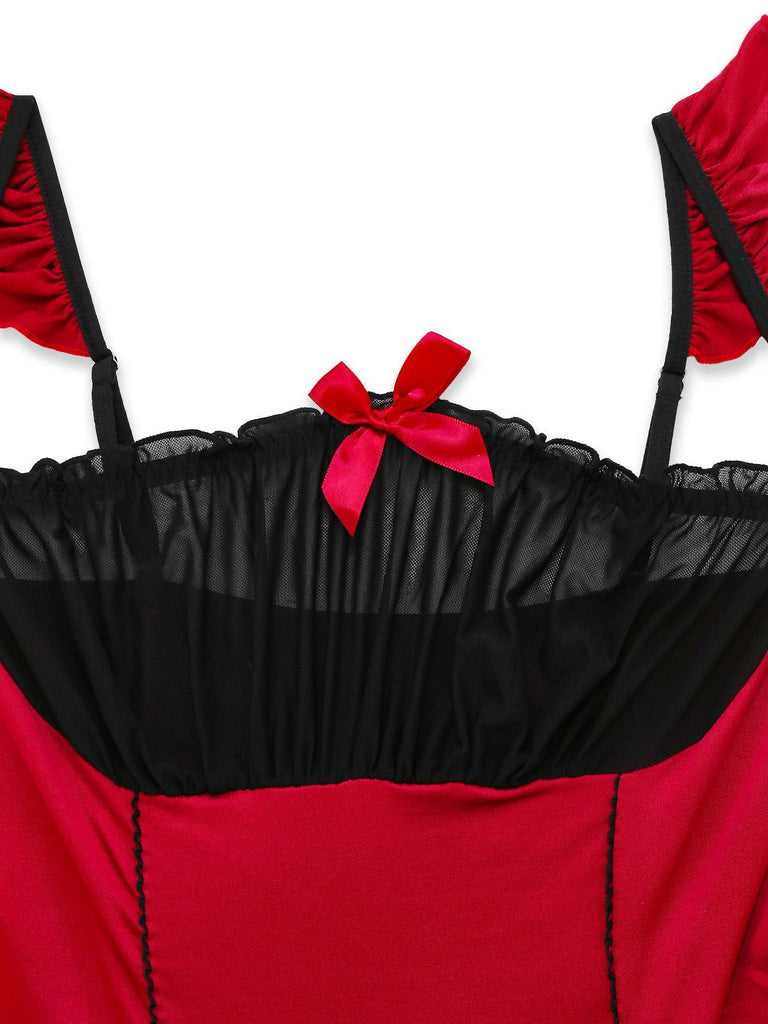 Camicia da notte con volant in pizzo a fiocco rosso anni '60