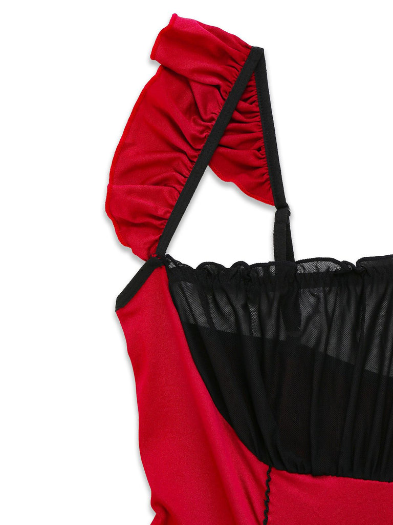 Camicia da notte con volant in pizzo a fiocco rosso anni '60