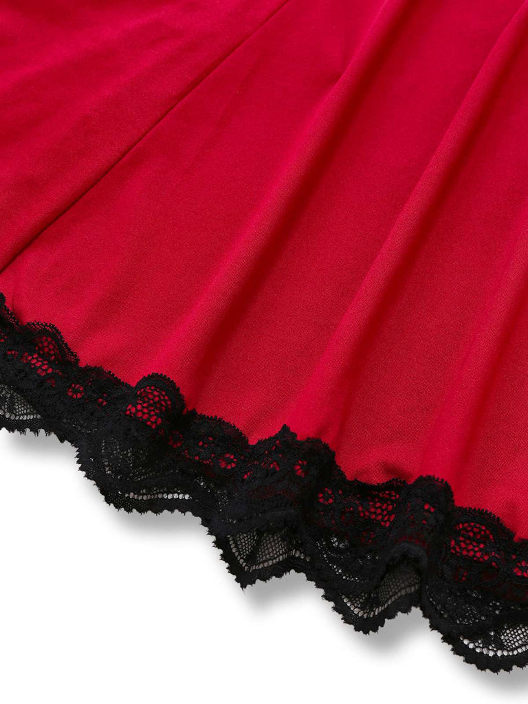 Camicia da notte con volant in pizzo a fiocco rosso anni '60