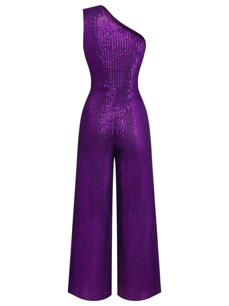 Tuta lunga monospalla con paillettes viola anni '70